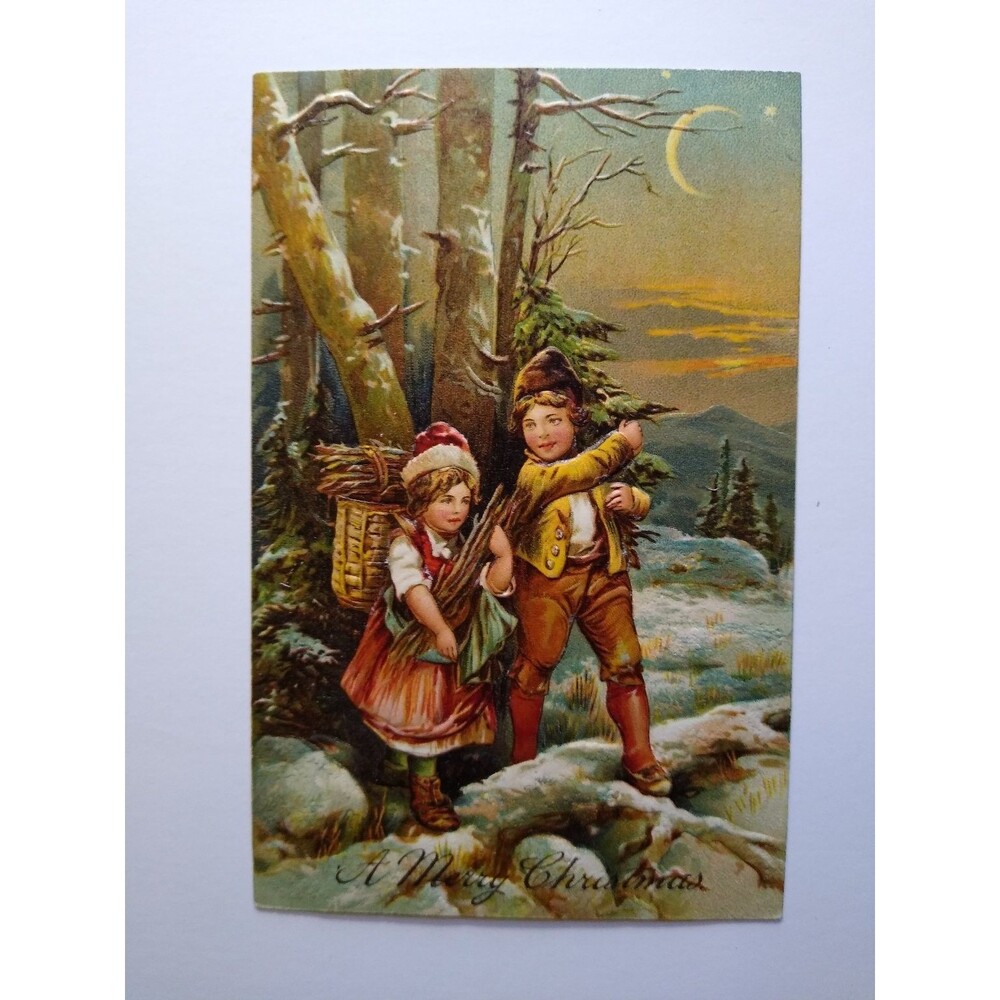 Antique Embossed Christmas Postcard Children Firewood Snow Moon German Art